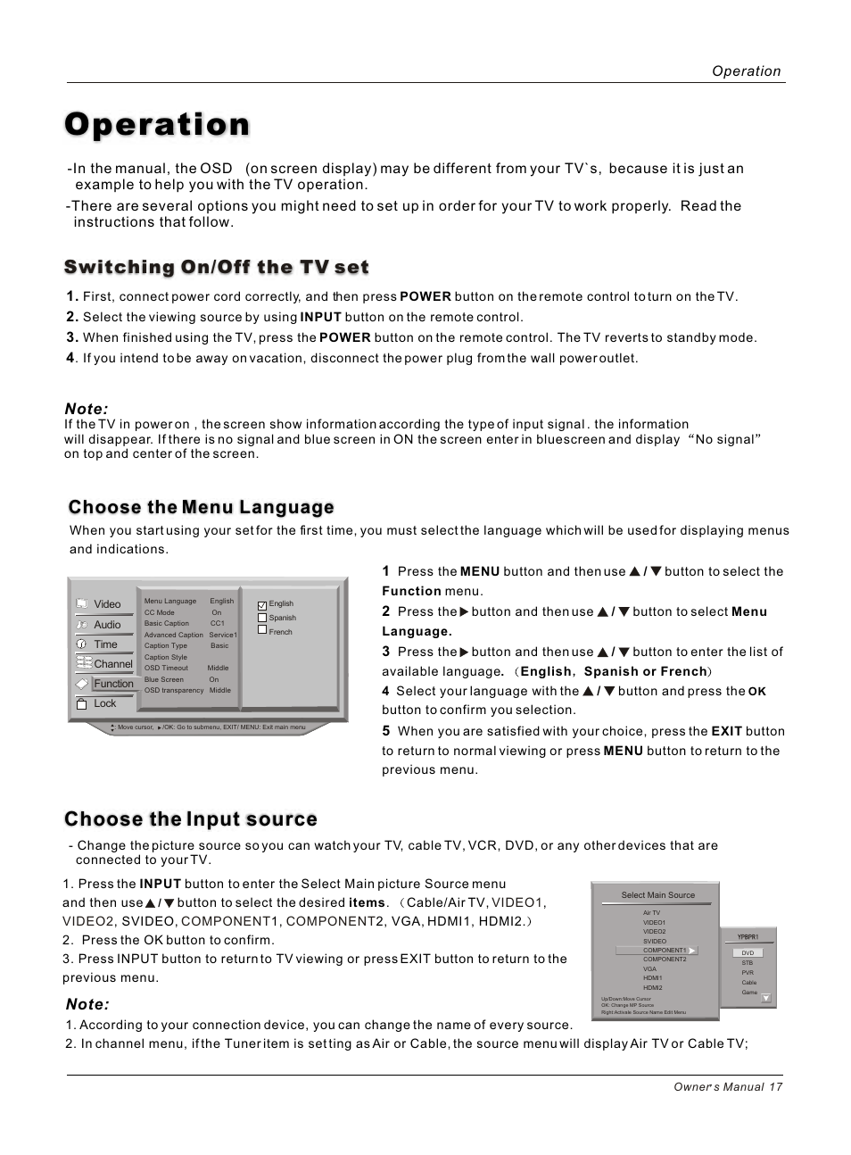 Operation, Choose the input source | haier HL26B User Manual | Page 17 / 45