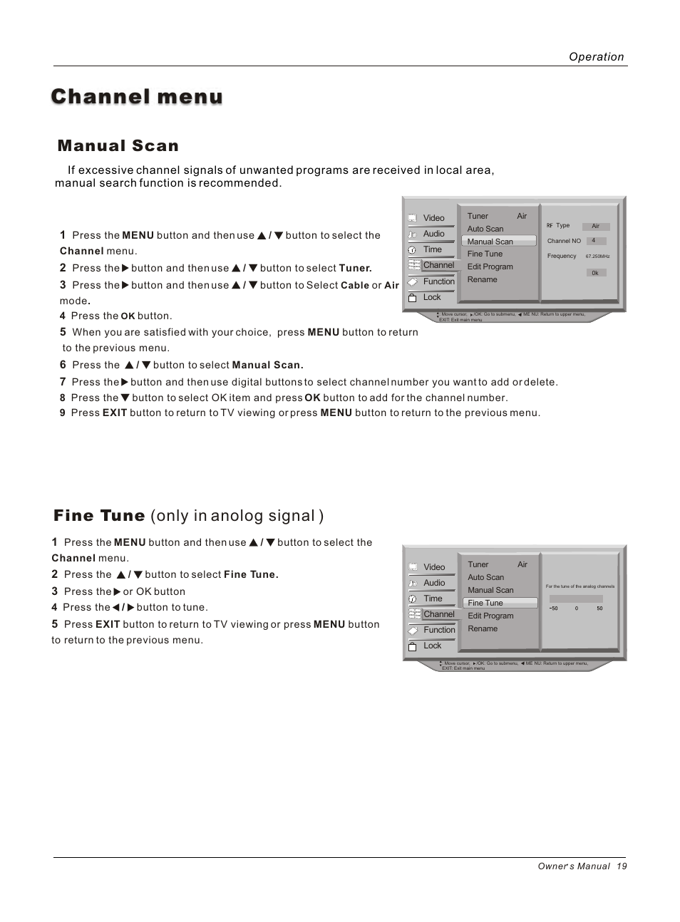 Channel menu, Manual scan, Fine tune (only in anolog signal ) | Operation | haier HL26B User Manual | Page 19 / 45