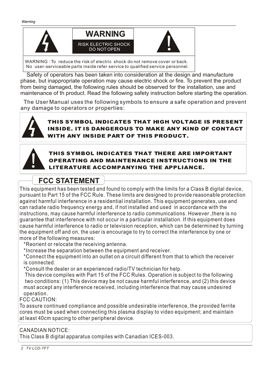 Warning, Fcc statement | haier HL26B User Manual | Page 2 / 45