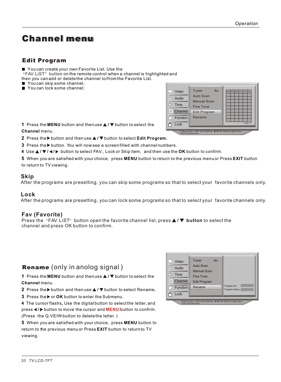 Channel menu, Only in anolog signal ), Edit program | Skip, Rename, Lock, Fav (favorite) | haier HL26B User Manual | Page 20 / 45