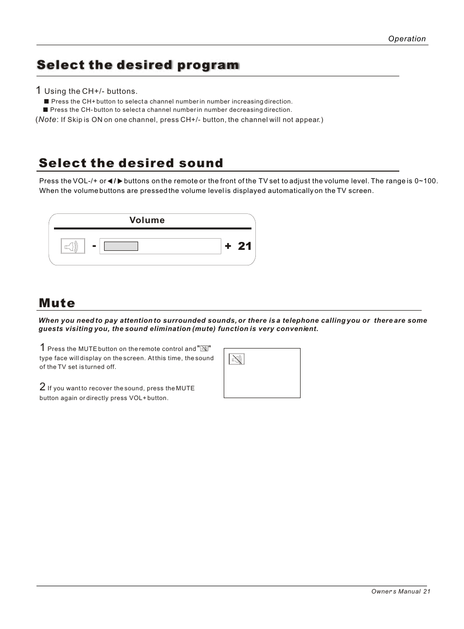 Select the desired program, Select the desired sound, Mute | haier HL26B User Manual | Page 21 / 45