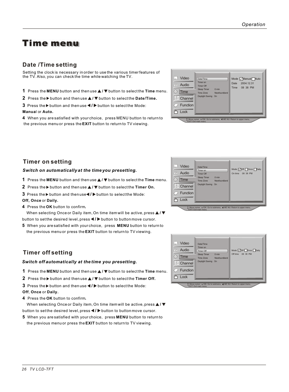 Time menu, Date /time setting, Timer on setting | Timer off setting, Operation | haier HL26B User Manual | Page 26 / 45