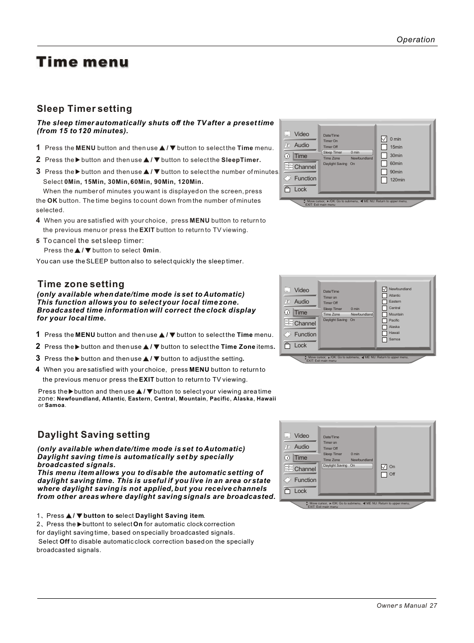 Time menu, Sleep timer setting, Time zone setting | Daylight saving setting, Operation | haier HL26B User Manual | Page 27 / 45