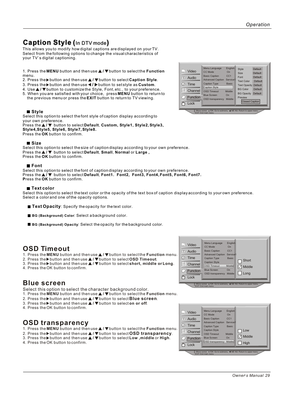 Caption style, Osd timeout, Blue screen | Osd transparency, Operation | haier HL26B User Manual | Page 29 / 45