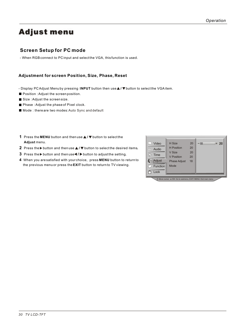 Adjust menu, Screen setup for pc mode | haier HL26B User Manual | Page 30 / 45