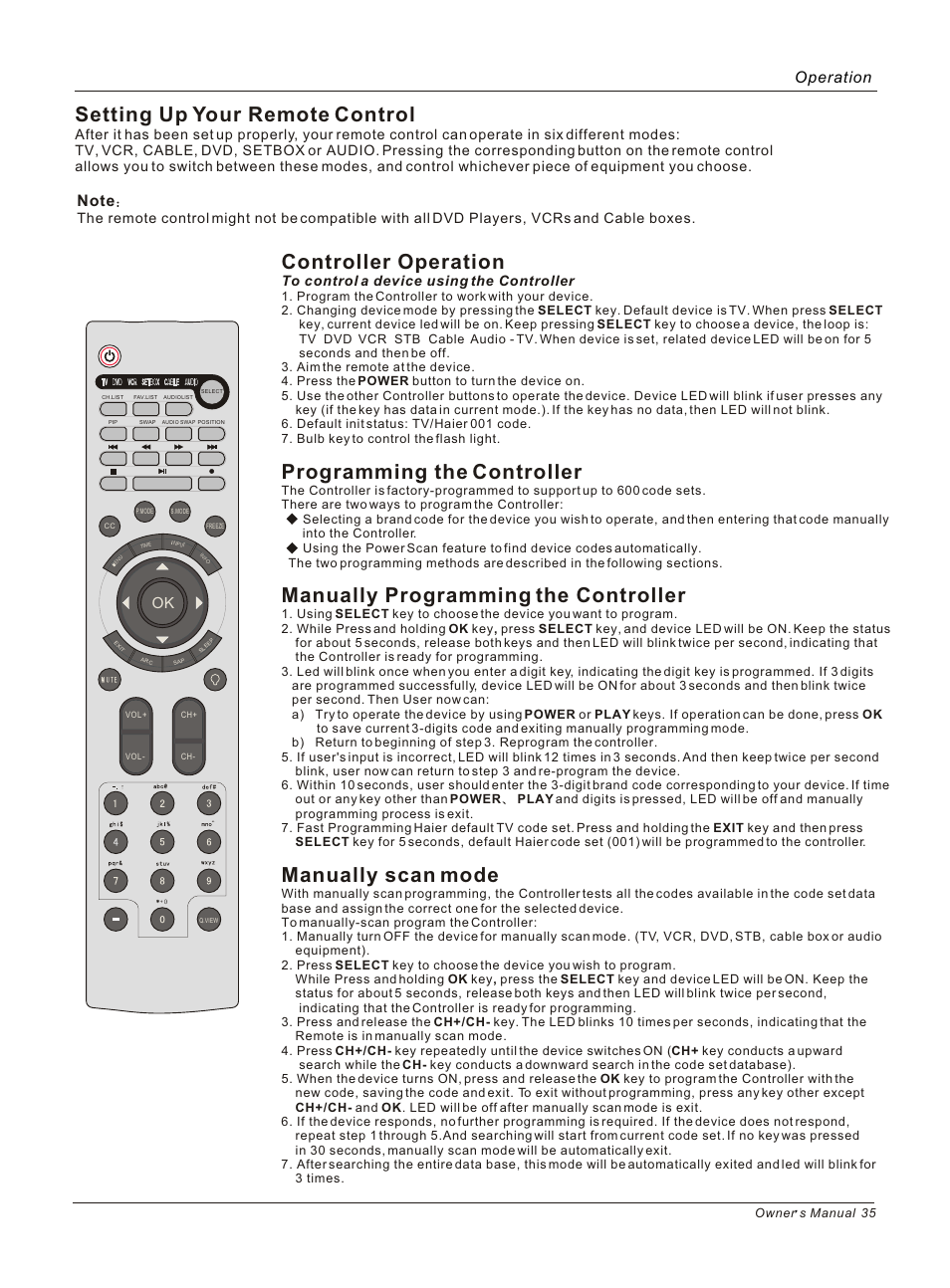 Controller operation, Programming the controller, Manually programming the controller | Manually scan mode, Setting up your remote control, Operation | haier HL26B User Manual | Page 35 / 45