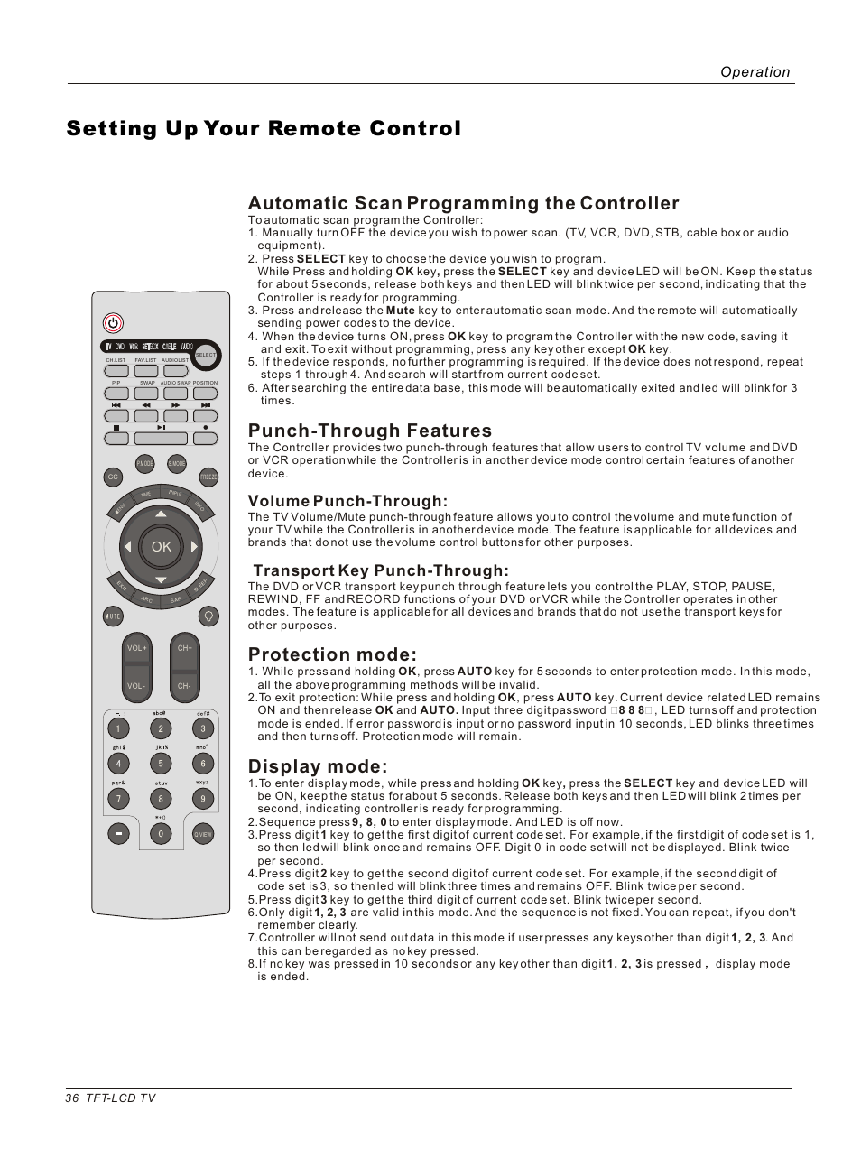 Setting up your remote control, Automatic scan programming the controller, Punch-through features | Protection mode, Display mode, Volume punch-through, Transport key punch-through, Operation | haier HL26B User Manual | Page 36 / 45