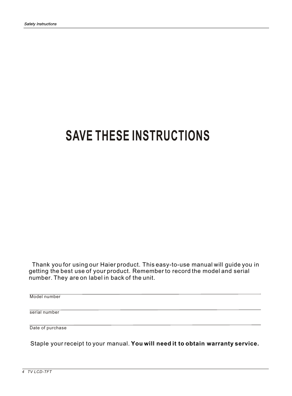 Save these instructions | haier HL26B User Manual | Page 4 / 45