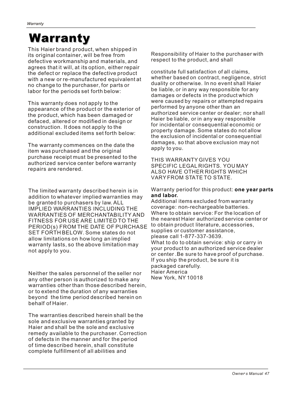 Warranty | haier HL26B User Manual | Page 44 / 45