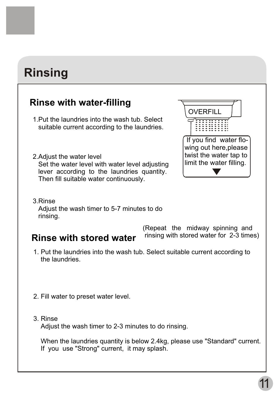 Rinsing, Rinse with stored water rinse with water-filling | haier Twin-tub Washing User Manual | Page 13 / 19