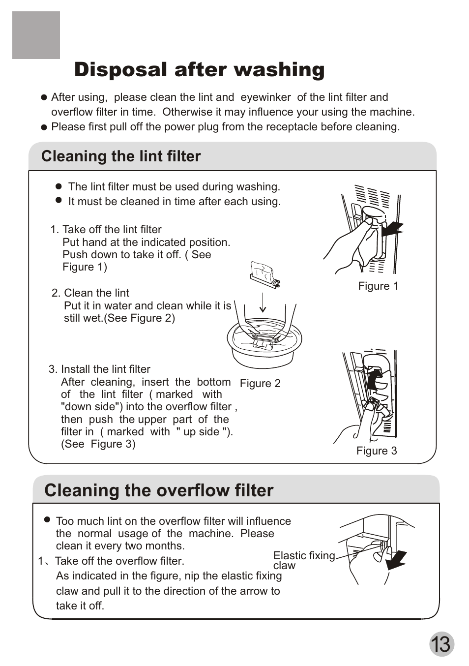 Disposal after washing, Cleaning the overflow filter, Cleaning the lint filter | haier Twin-tub Washing User Manual | Page 15 / 19