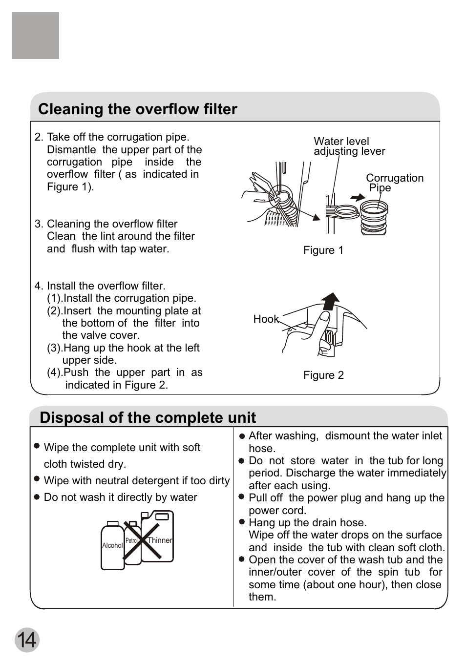 Cleaning the overflow filter, Disposal of the complete unit | haier Twin-tub Washing User Manual | Page 16 / 19