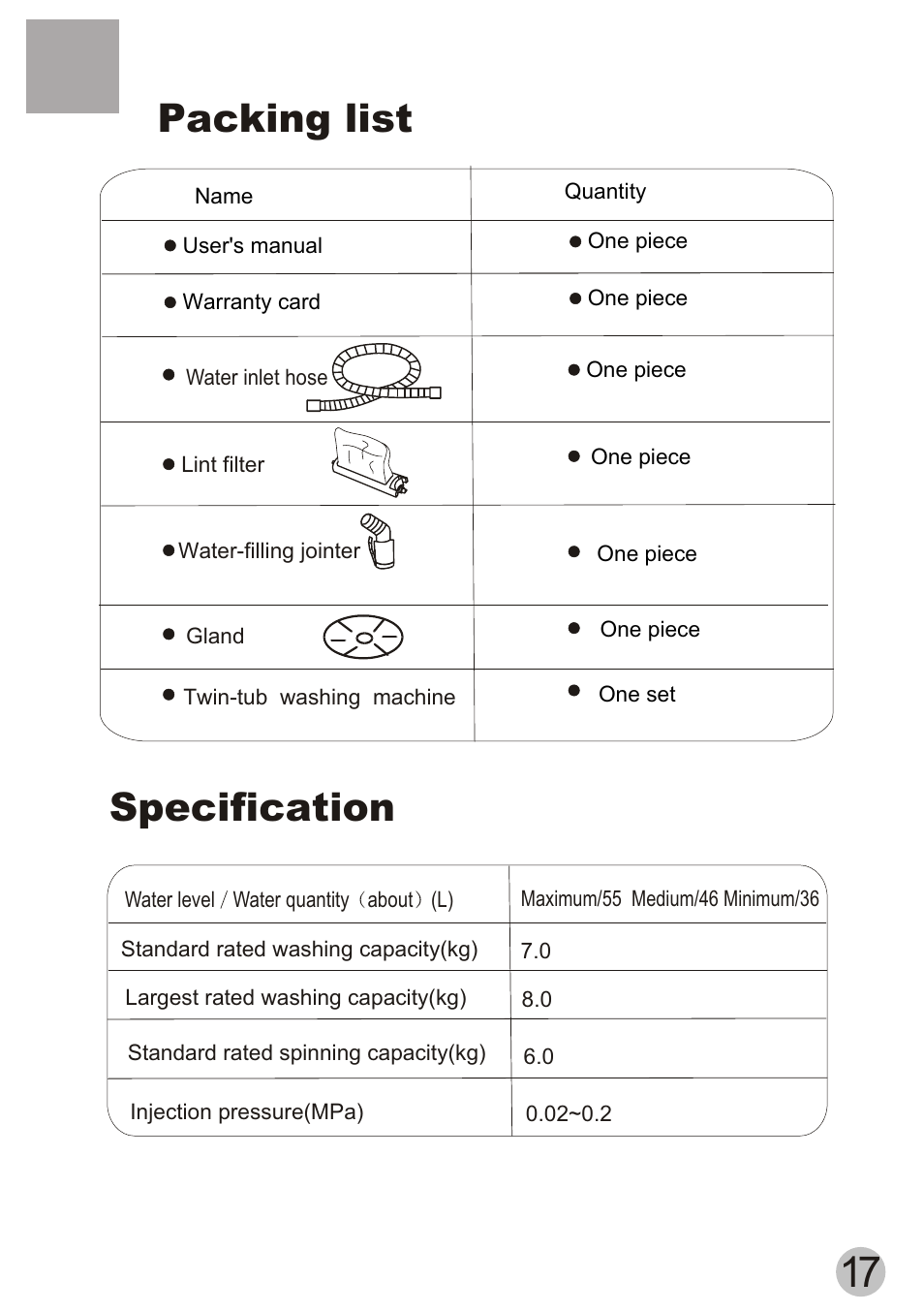 Packing list, Specification | haier Twin-tub Washing User Manual | Page 19 / 19