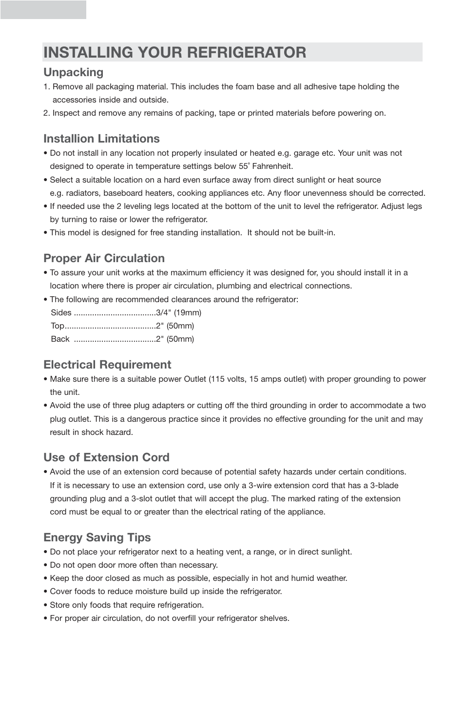 Installing your refrigerator, Unpacking, Installion limitations | Proper air circulation, Electrical requirement, Use of extension cord, Energy saving tips | haier AES27 User Manual | Page 6 / 15