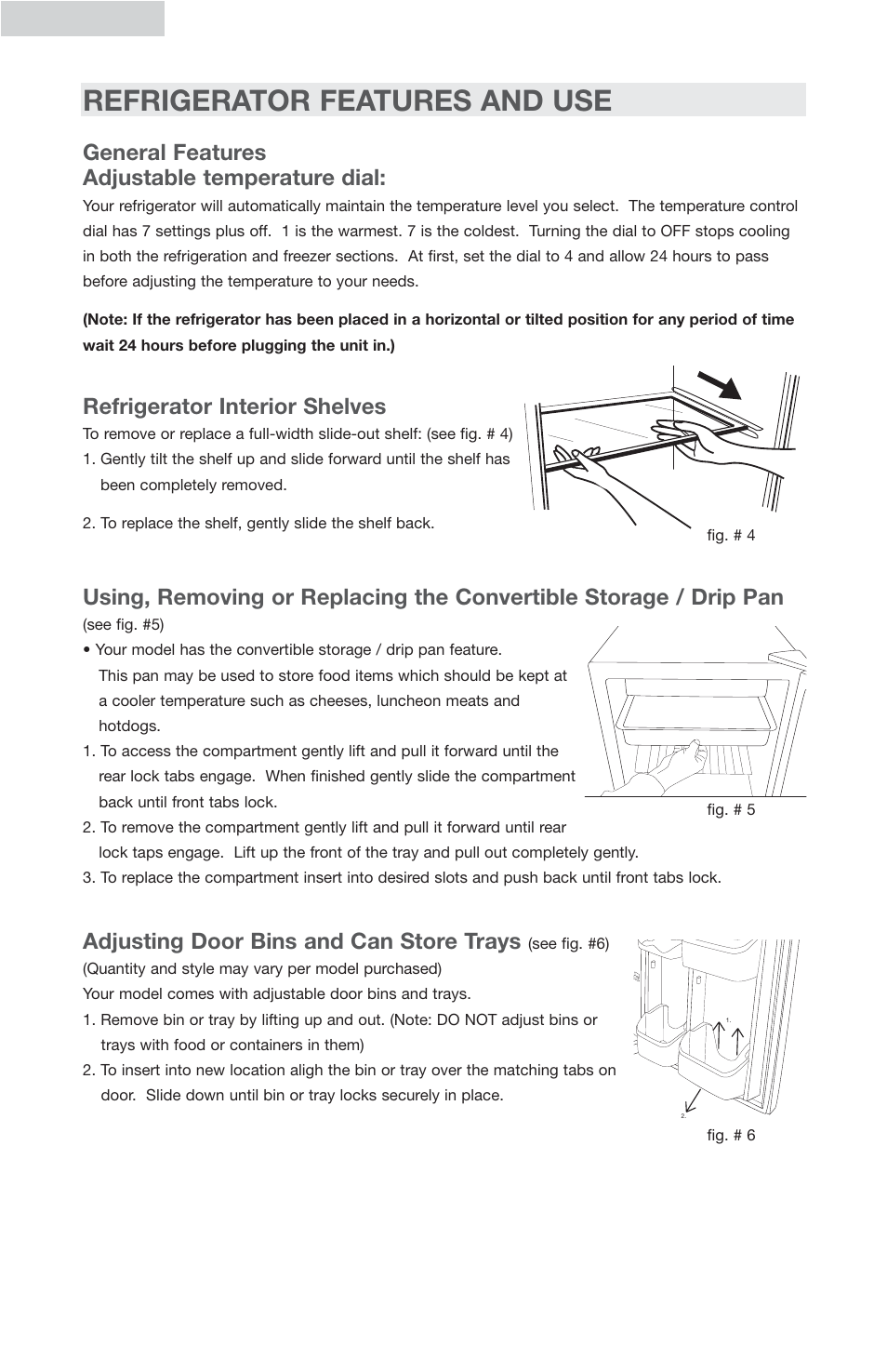 Refrigerator features and use, General features adjustable temperature dial, Refrigerator interior shelves | Adjusting door bins and can store trays, English 7 | haier AES27 User Manual | Page 8 / 15