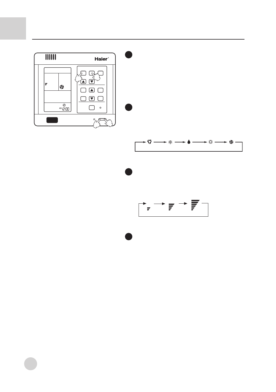 Operation instruction, Fan operation, Press the on/off button to turn on the unit | Press the on/off button to turn off the unit, About fan operation, Turn on the unit, Choose of working mode, Turn off the unit | haier AD422BMBAA User Manual | Page 8 / 31