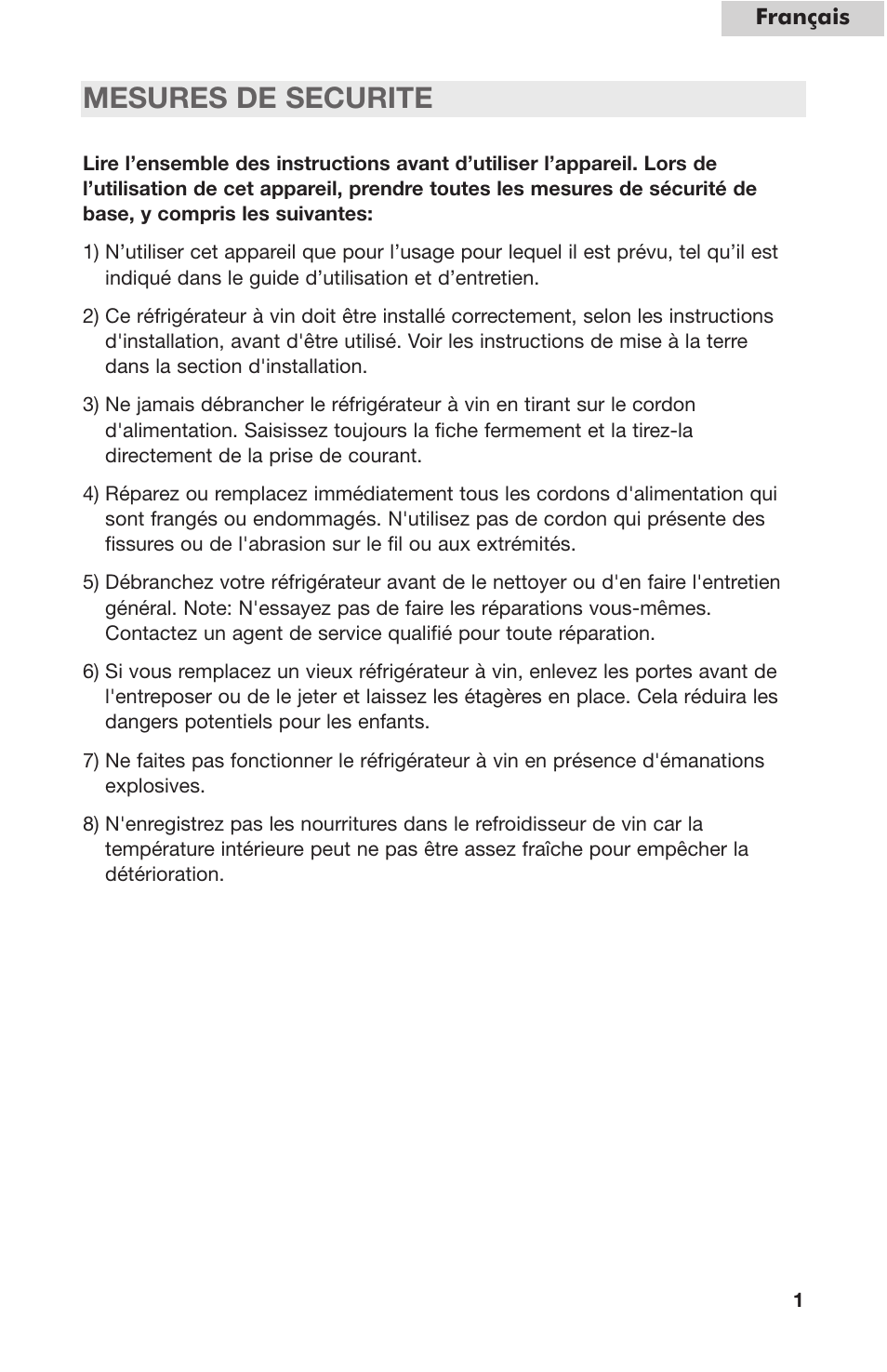 Mesures de securite | haier HVC24B User Manual | Page 13 / 36