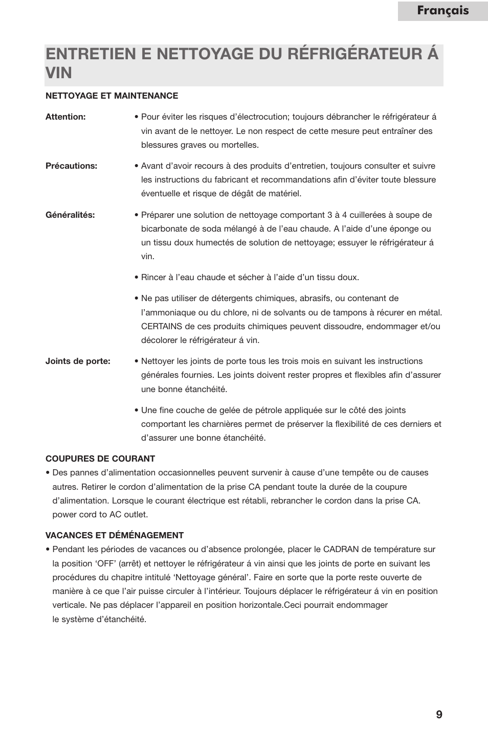 Entretien e nettoyage du réfrigérateur á vin, Français | haier HVC24B User Manual | Page 21 / 36