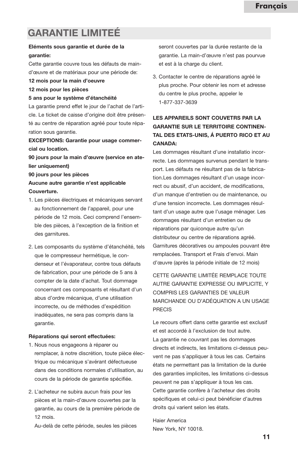 Garantie limiteé, Français | haier HVC24B User Manual | Page 23 / 36