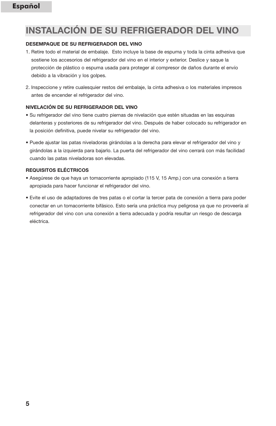 Instalación de su refrigerador del vino, Español | haier HVC24B User Manual | Page 28 / 36