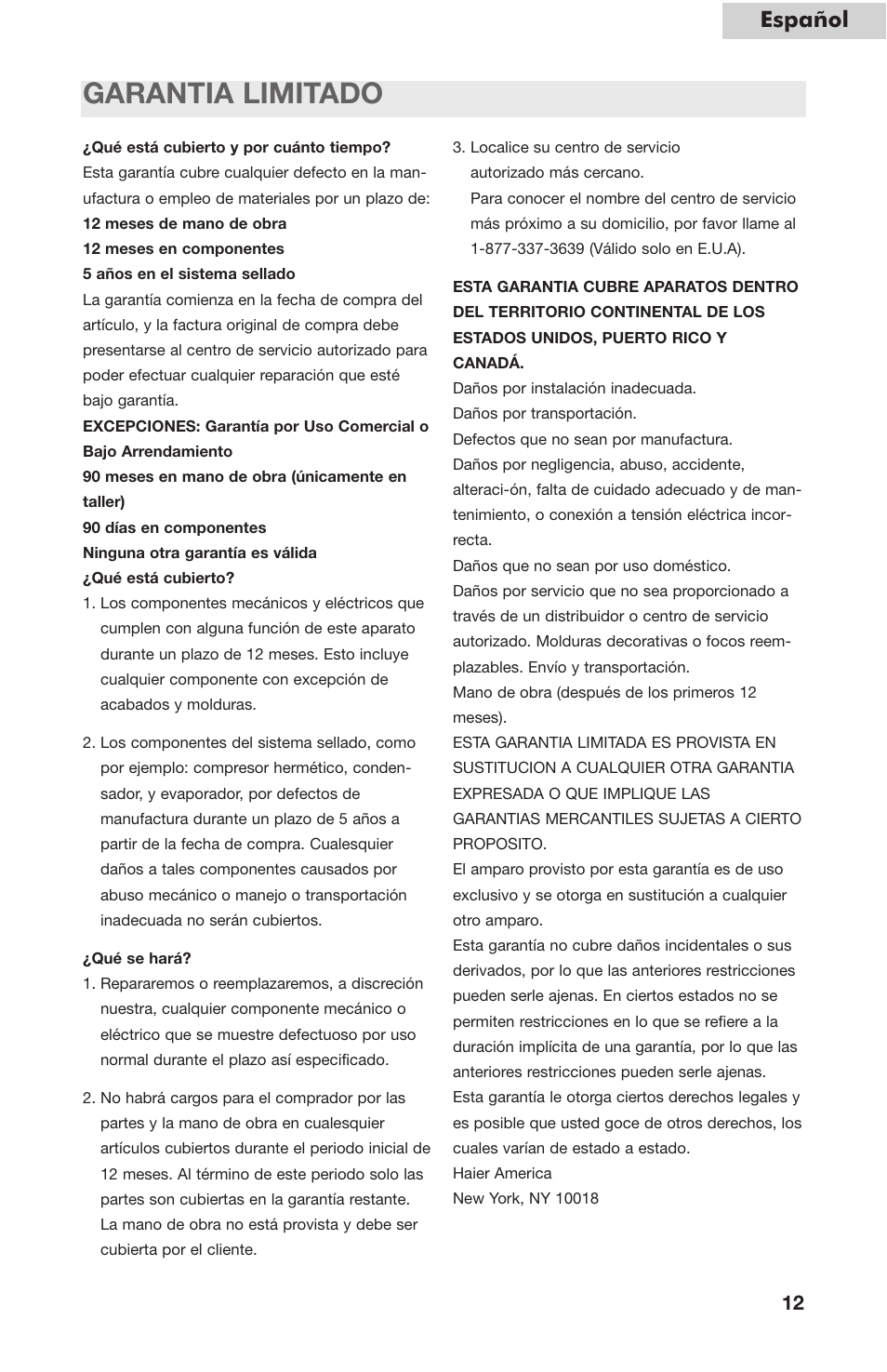 Garantia limitado, Español | haier HVC24B User Manual | Page 35 / 36