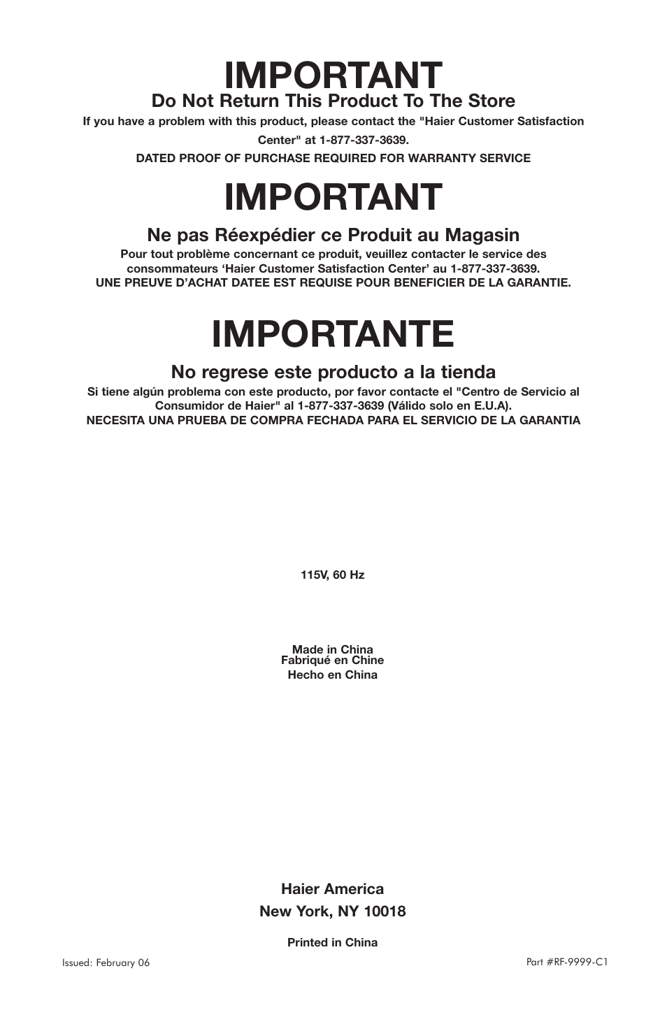 Important, Importante, Do not return this product to the store | Ne pas réexpédier ce produit au magasin, No regrese este producto a la tienda | haier HVC24B User Manual | Page 36 / 36