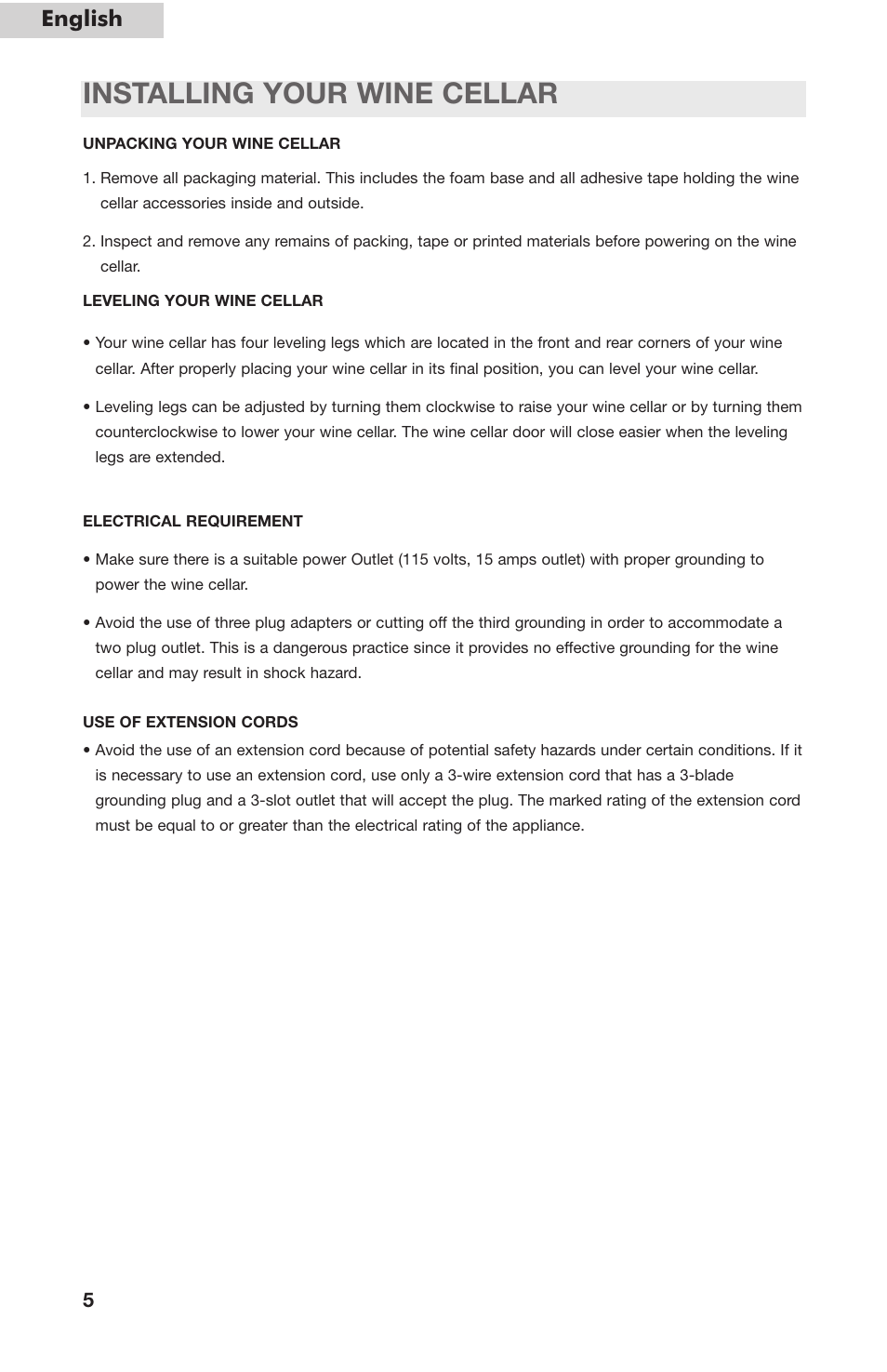 Installing your wine cellar, English | haier HVC24B User Manual | Page 6 / 36