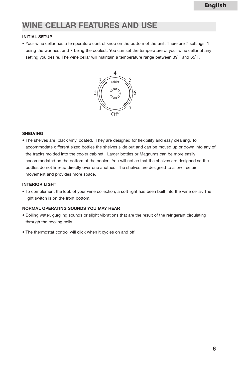 Wine cellar features and use, English, Off 4 | haier HVC24B User Manual | Page 7 / 36