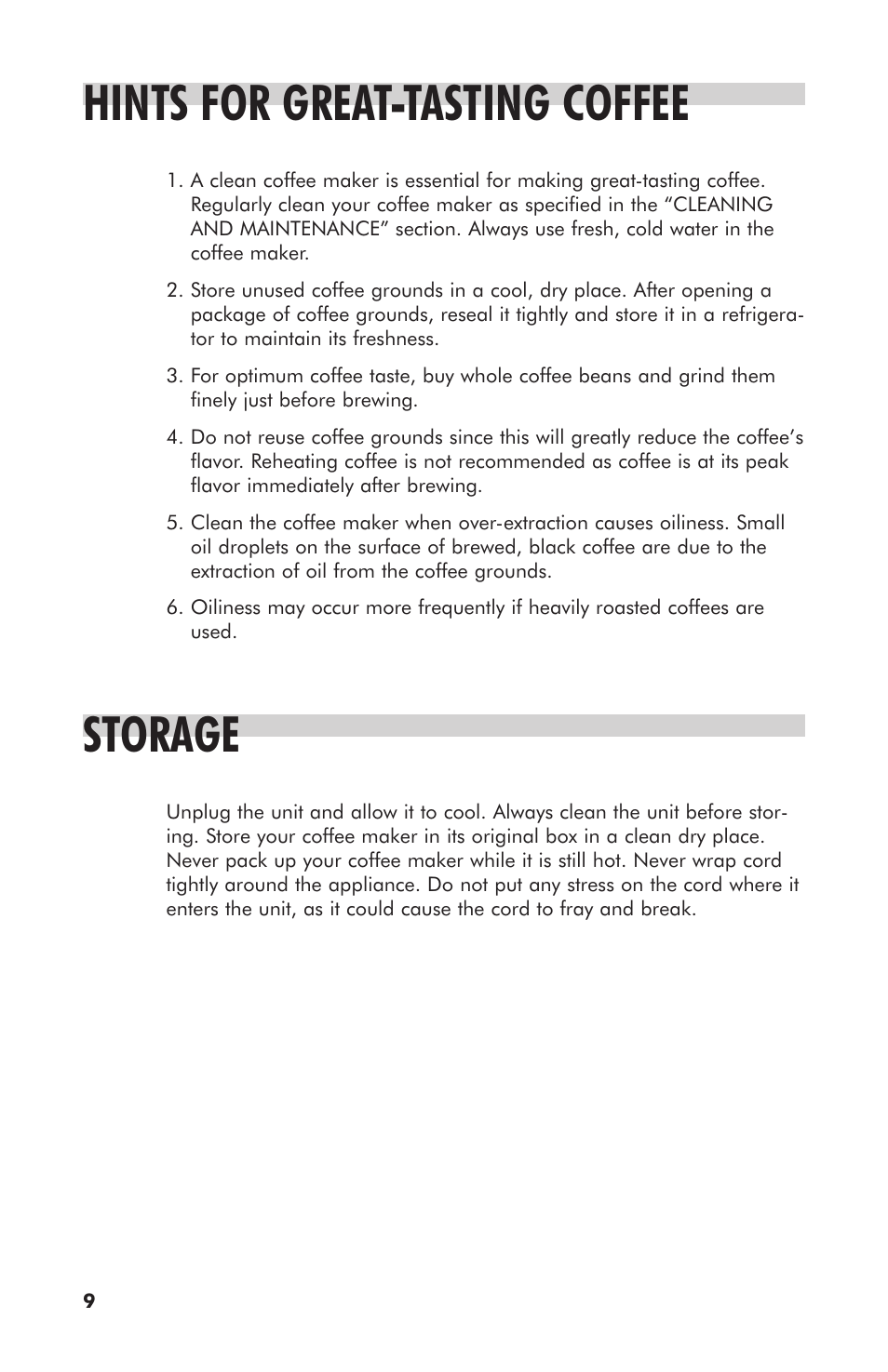 Hints for great-tasting coffee, Storage | haier HDC10SS User Manual | Page 10 / 12
