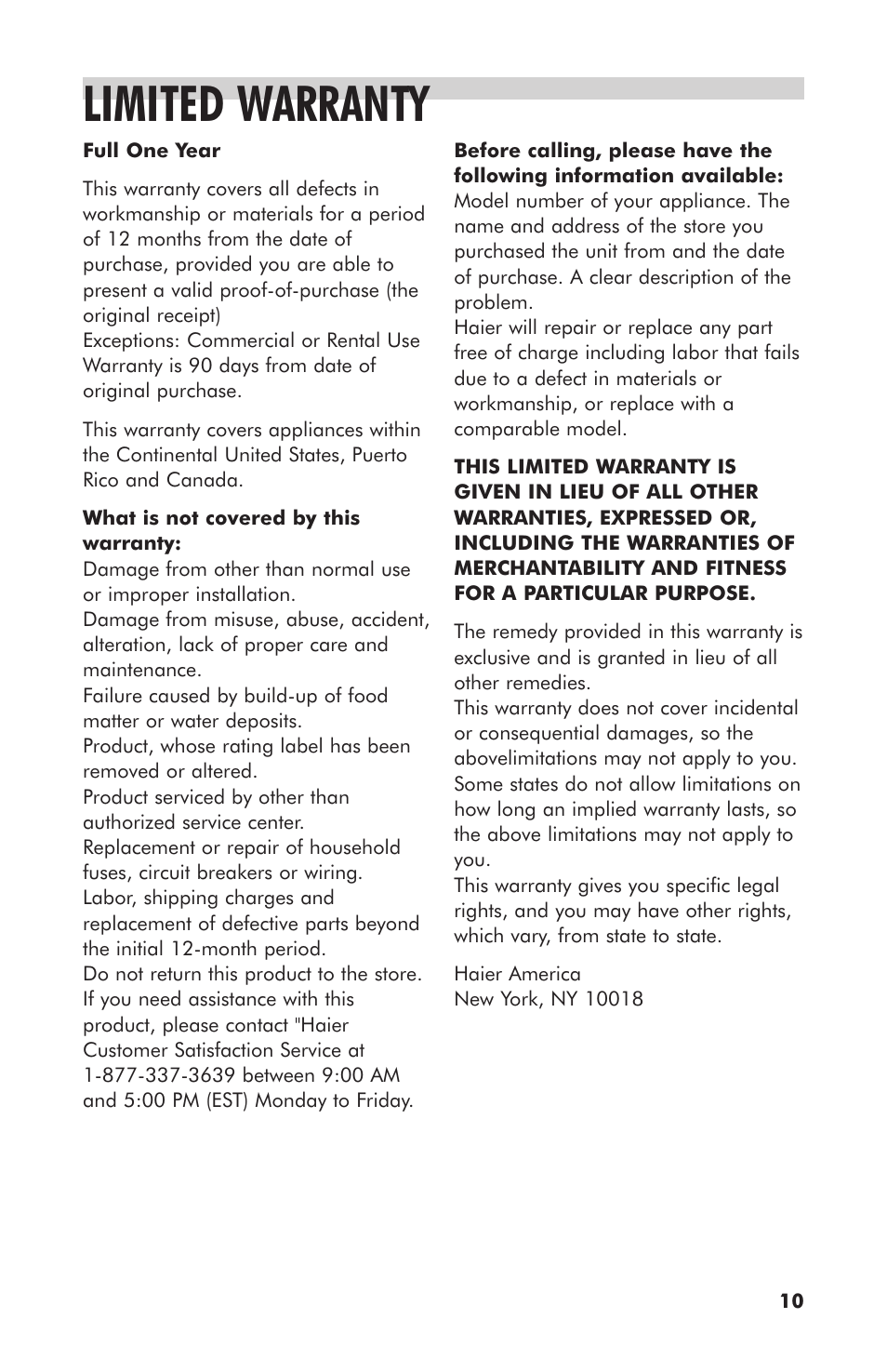 Limited warranty | haier HDC10SS User Manual | Page 11 / 12