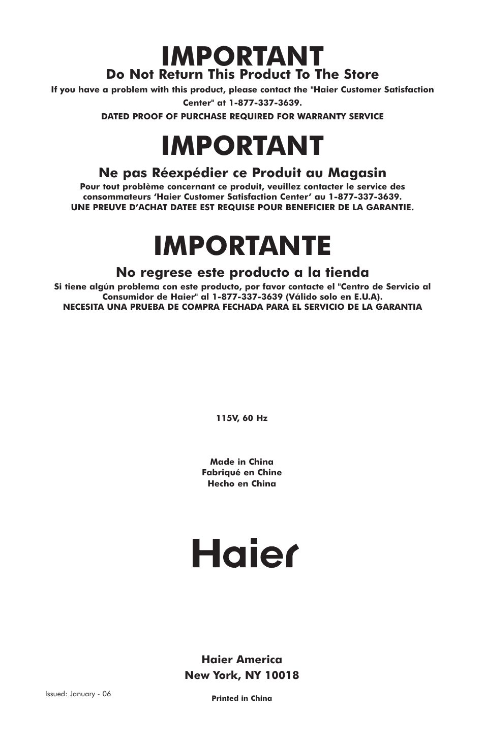 Important, Importante, Do not return this product to the store | Ne pas réexpédier ce produit au magasin, No regrese este producto a la tienda | haier HDC10SS User Manual | Page 12 / 12