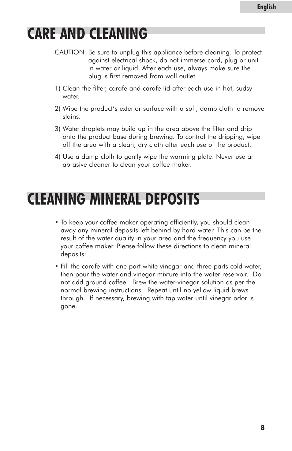 Care and cleaning, Cleaning mineral deposits | haier HDC10SS User Manual | Page 9 / 12