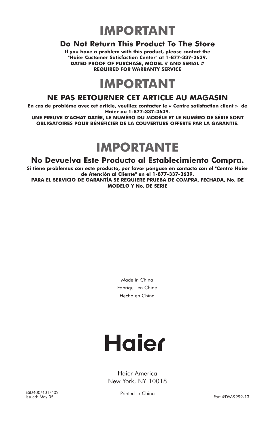 Important, Importante, Do not return this product to the store | Ne pas retourner cet article au magasin | haier ESD401 User Manual | Page 34 / 34