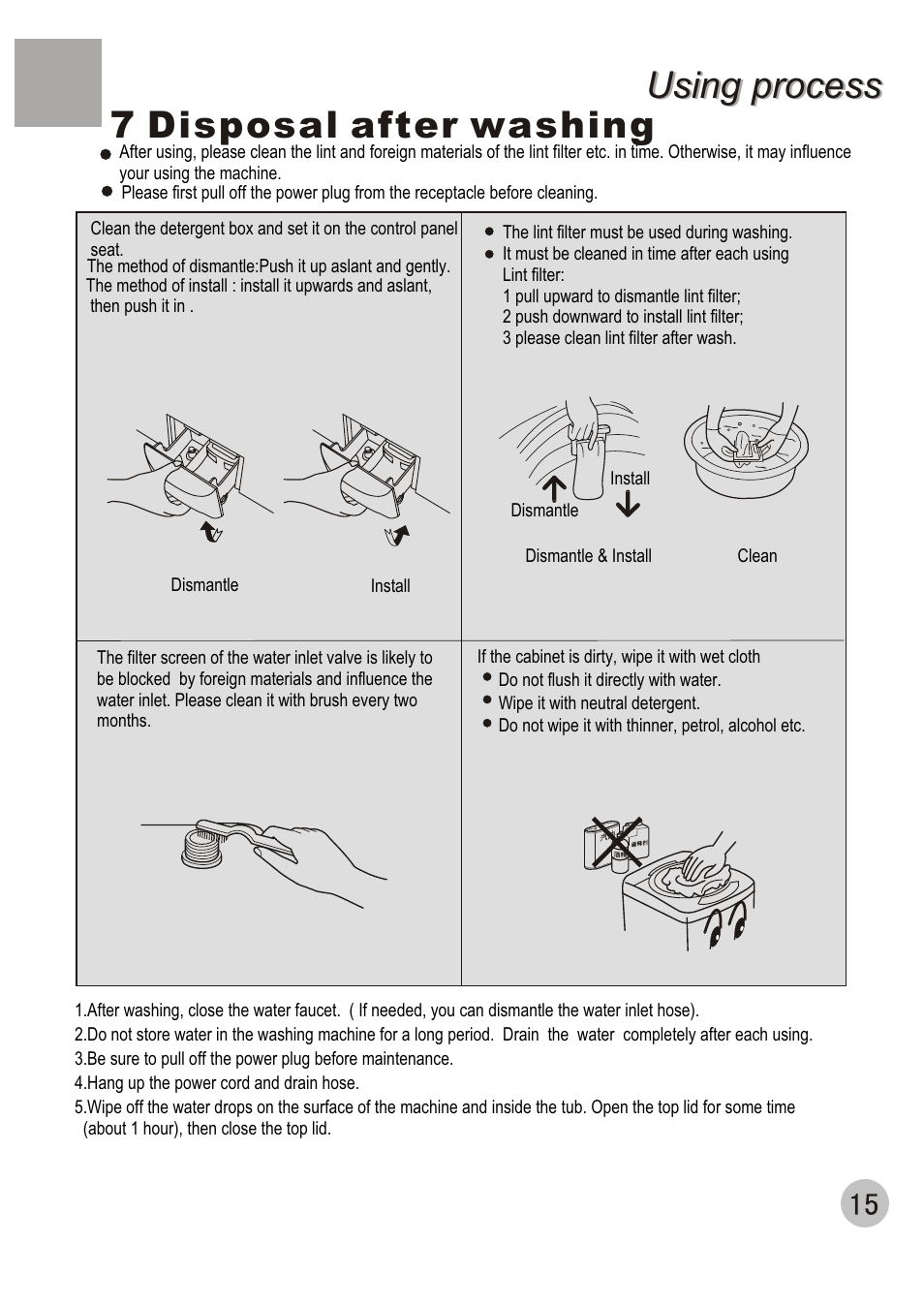 Using process, Using process 7 disposal after washing | haier XQB50-20 User Manual | Page 17 / 20