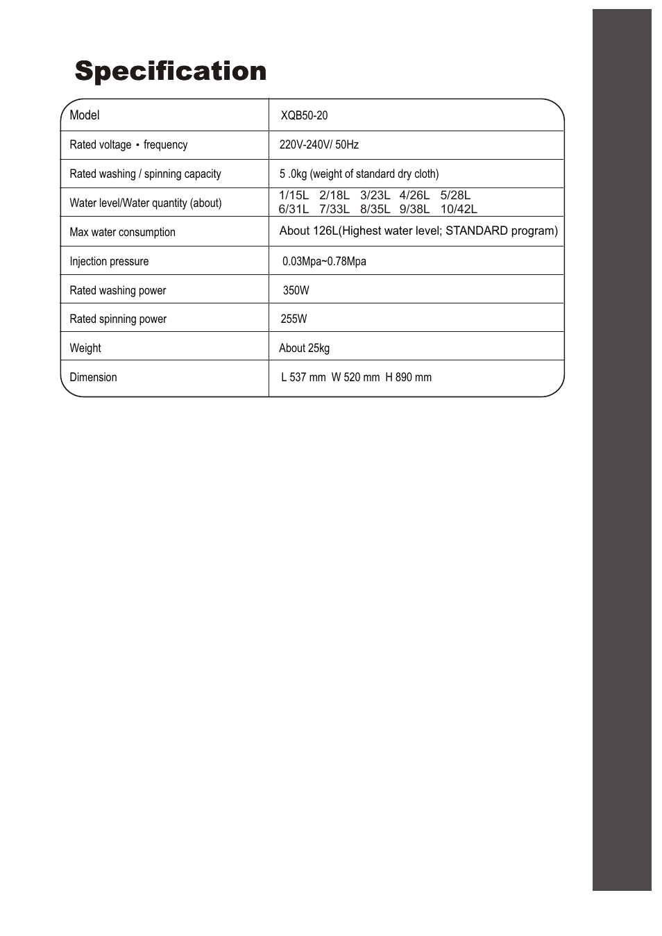 Specification | haier XQB50-20 User Manual | Page 20 / 20