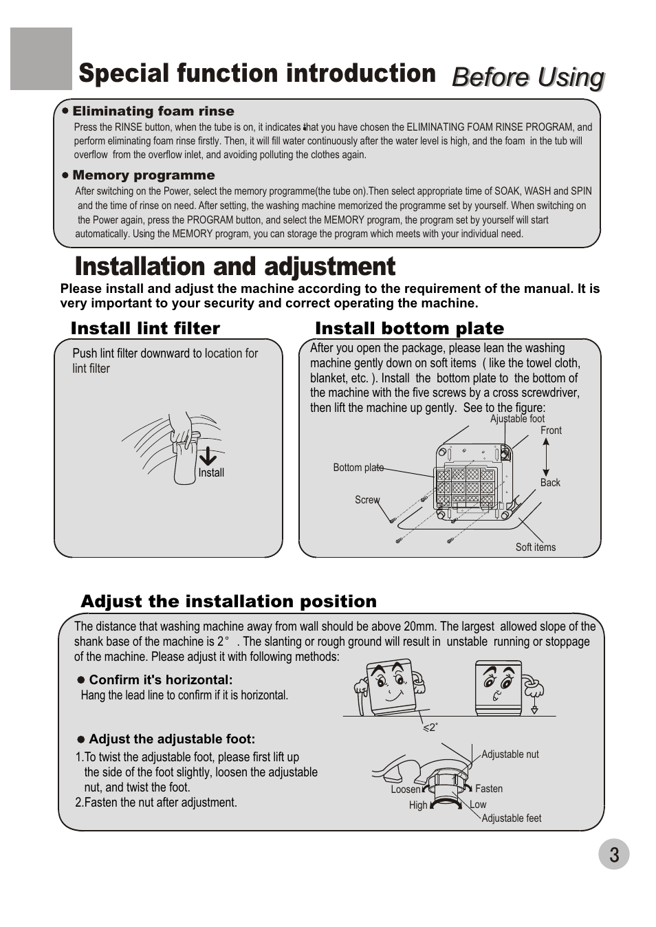 Before using, Before using special function introduction, Installation and adjustment | Install bottom plate install lint filter, Adjust the installation position | haier XQB50-20 User Manual | Page 5 / 20