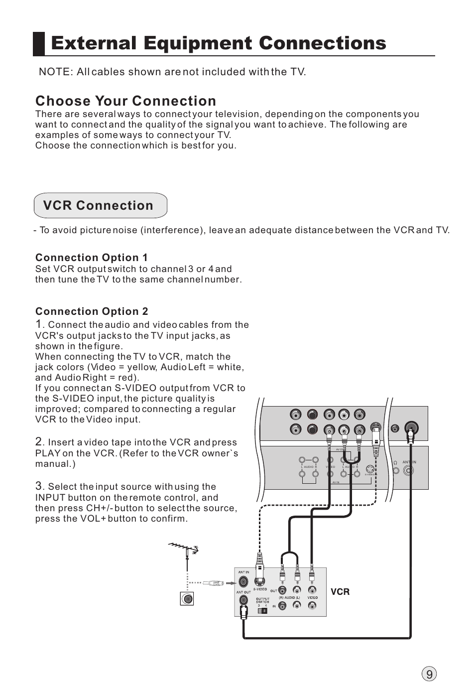 External equipment connections, Choose your connection, Vcr connection | Connection option 1, Connection option 2 | haier L32A18-AK User Manual | Page 12 / 50