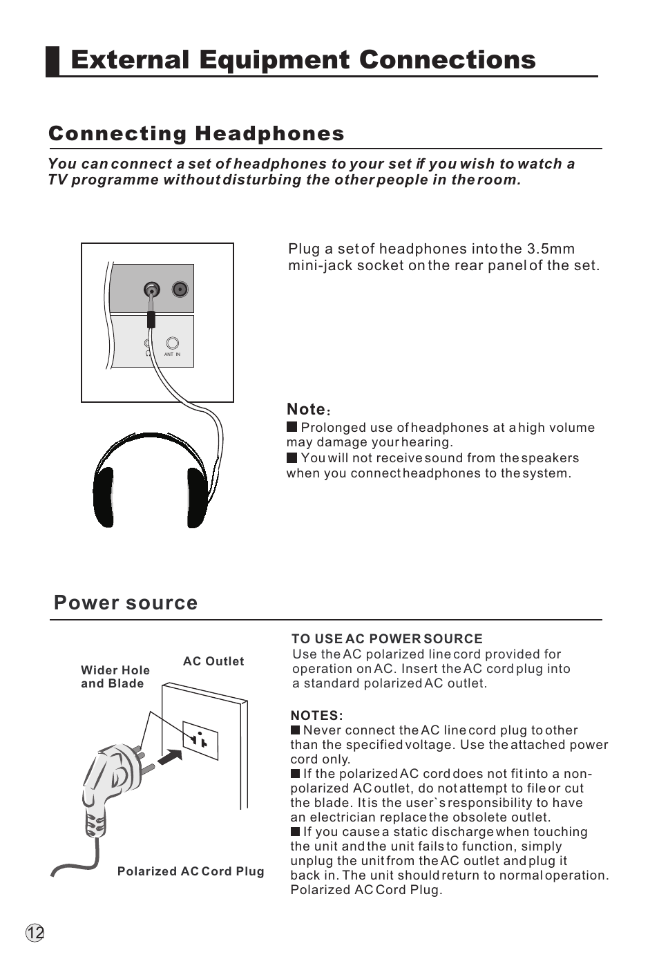 External equipment connections, Power source, Connecting headphones | haier L32A18-AK User Manual | Page 15 / 50