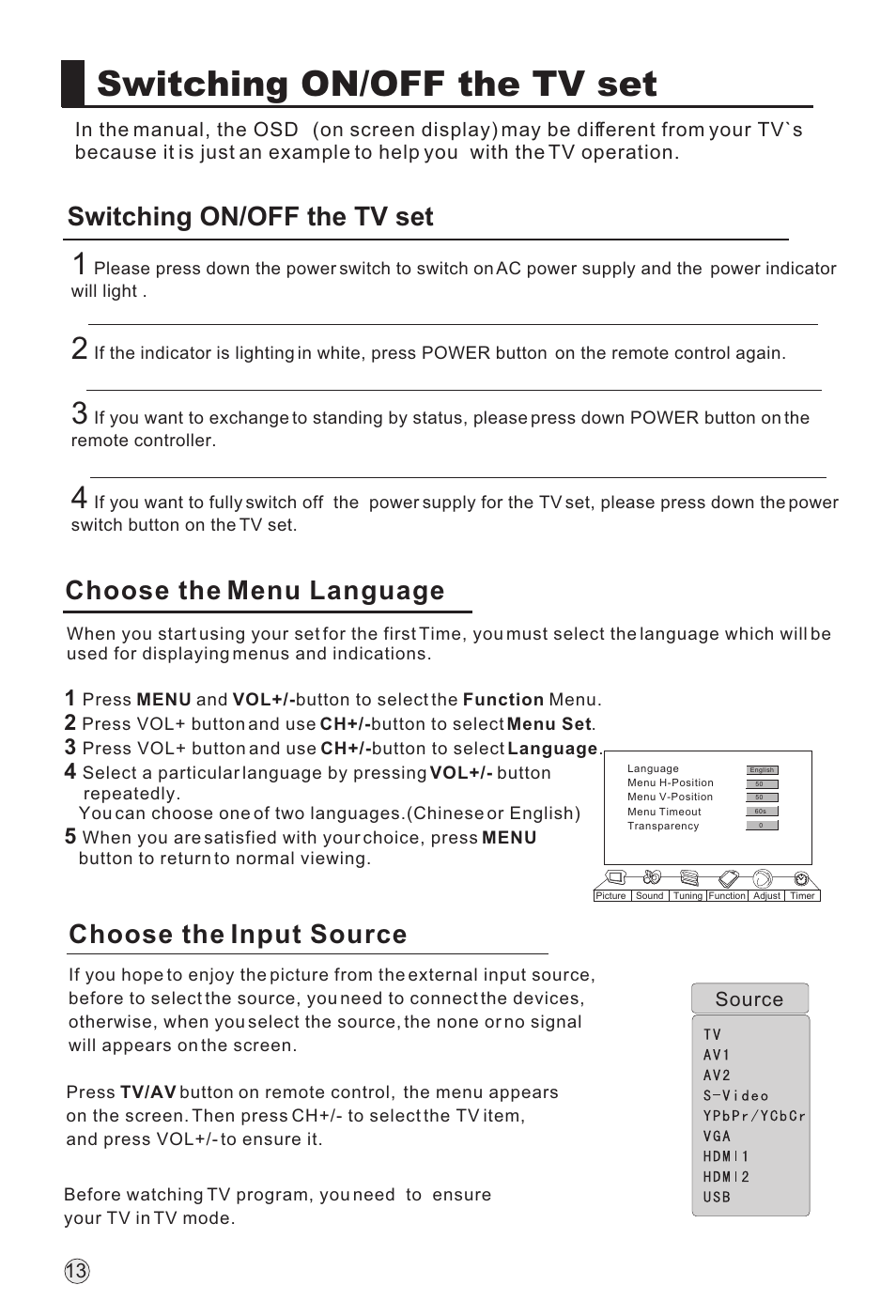 Switching on/off the tv set, Choose the menu language choose the input source | haier L32A18-AK User Manual | Page 16 / 50