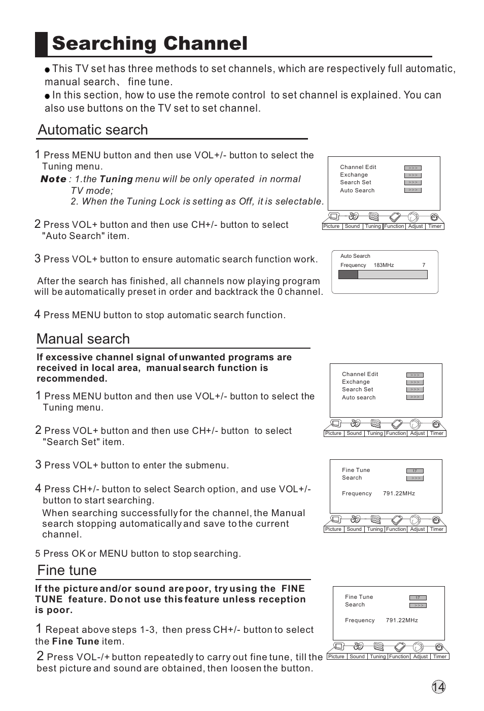 Searching channel, Automatic search, Manual search | Fine tune | haier L32A18-AK User Manual | Page 17 / 50
