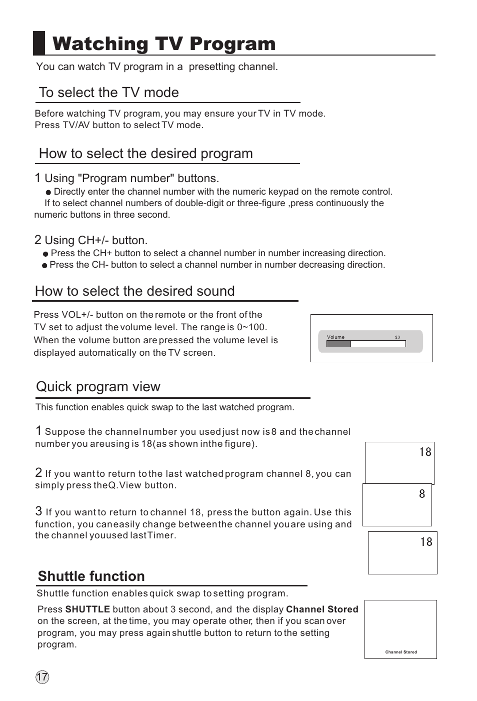 Watching tv program, How to select the desired, Program | Sound, Quick program view, Shuttle function | haier L32A18-AK User Manual | Page 20 / 50