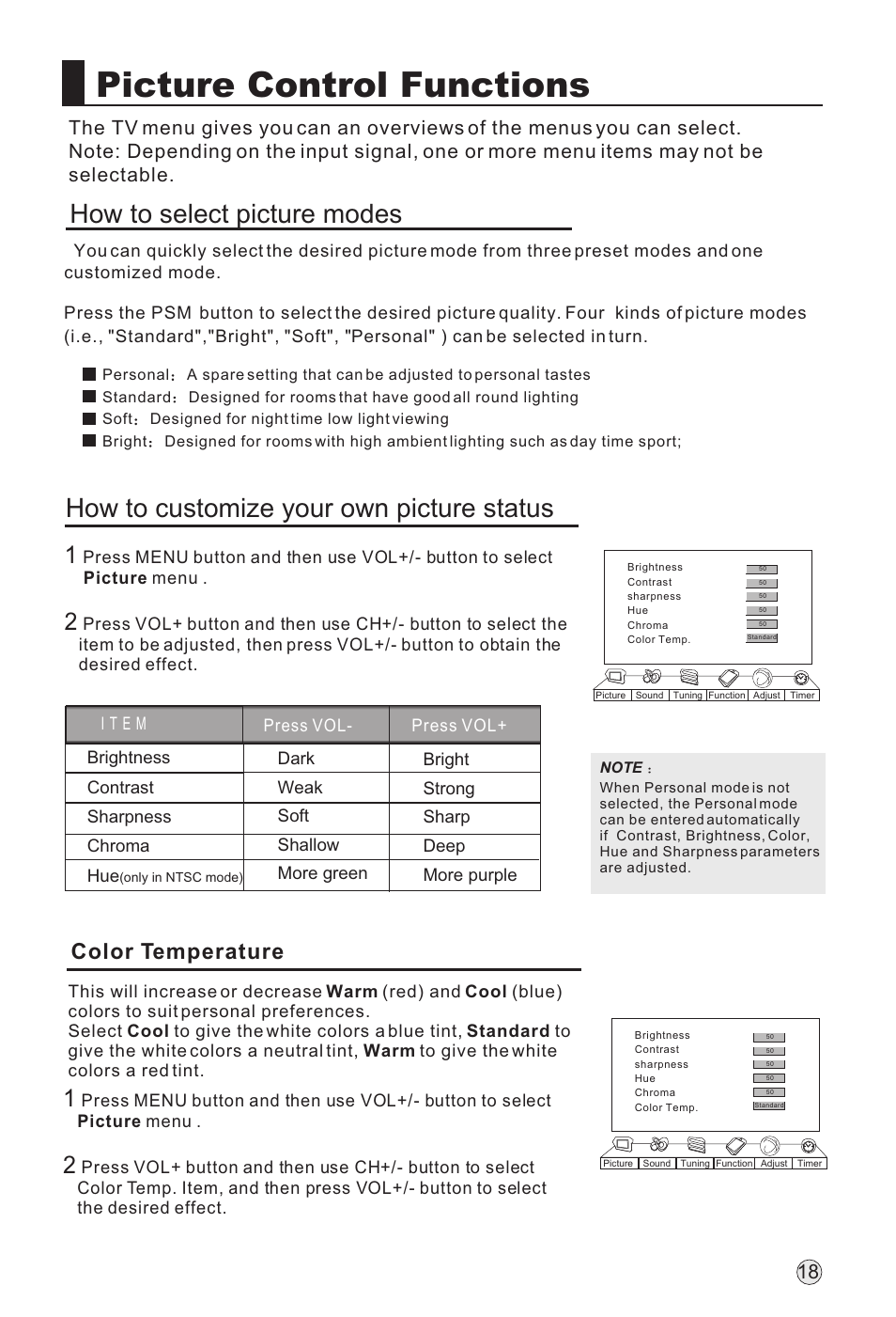 Picture control functions, Color temperature | haier L32A18-AK User Manual | Page 21 / 50