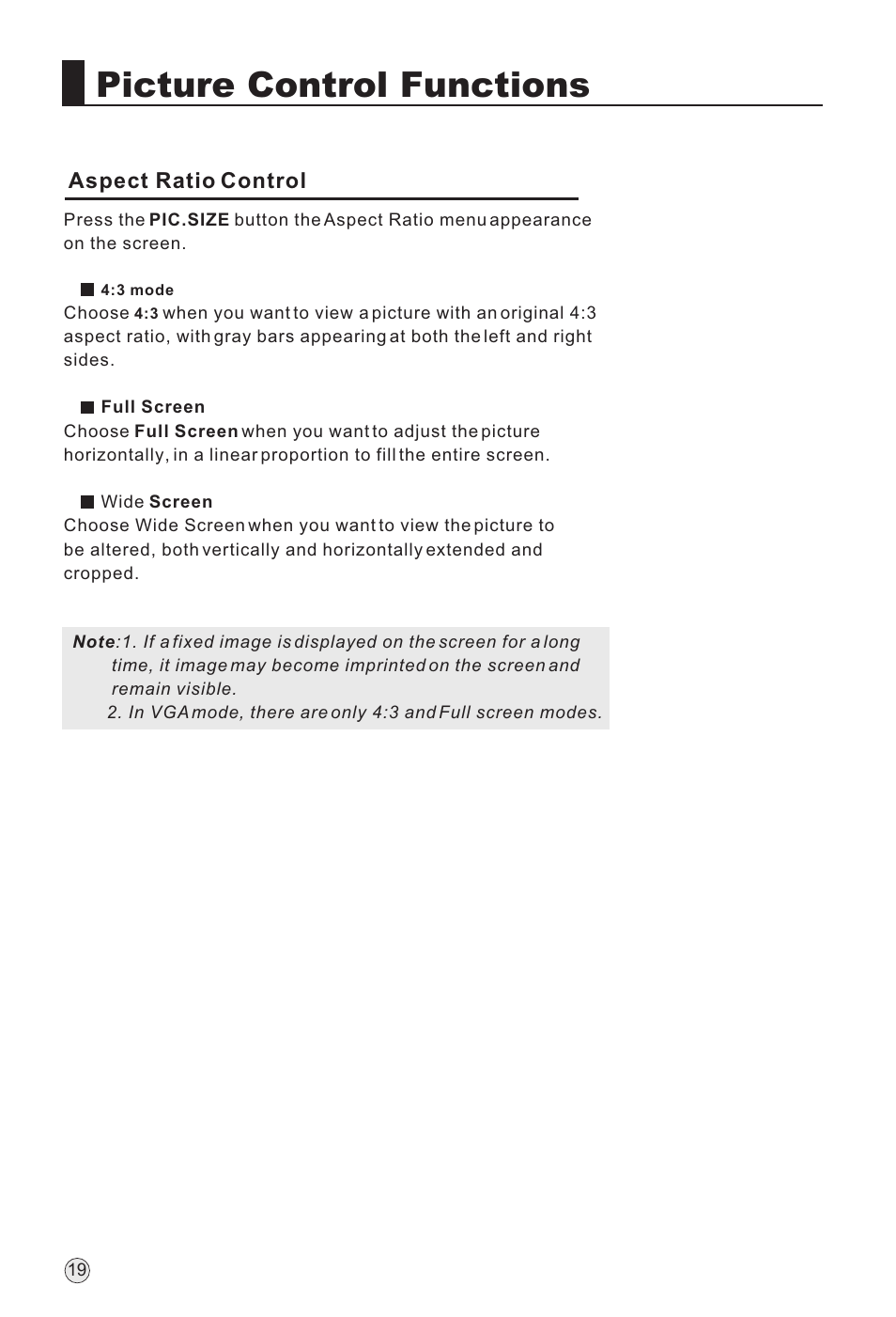 Picture control functions, Aspect ratio control | haier L32A18-AK User Manual | Page 22 / 50