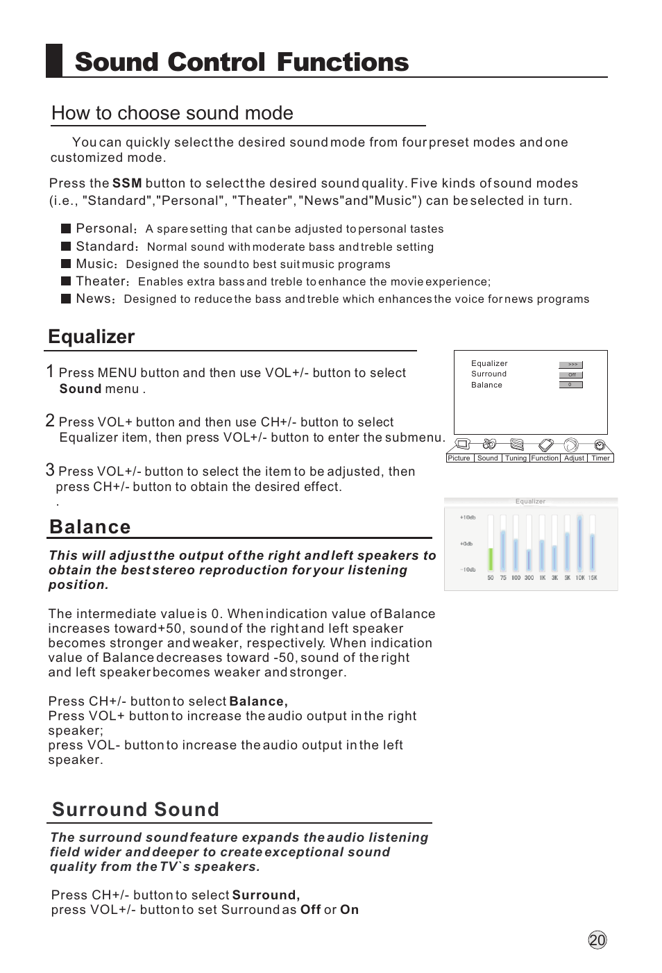 Sound control functions, How to choose sound mode equalizer, Surround sound balance | haier L32A18-AK User Manual | Page 23 / 50