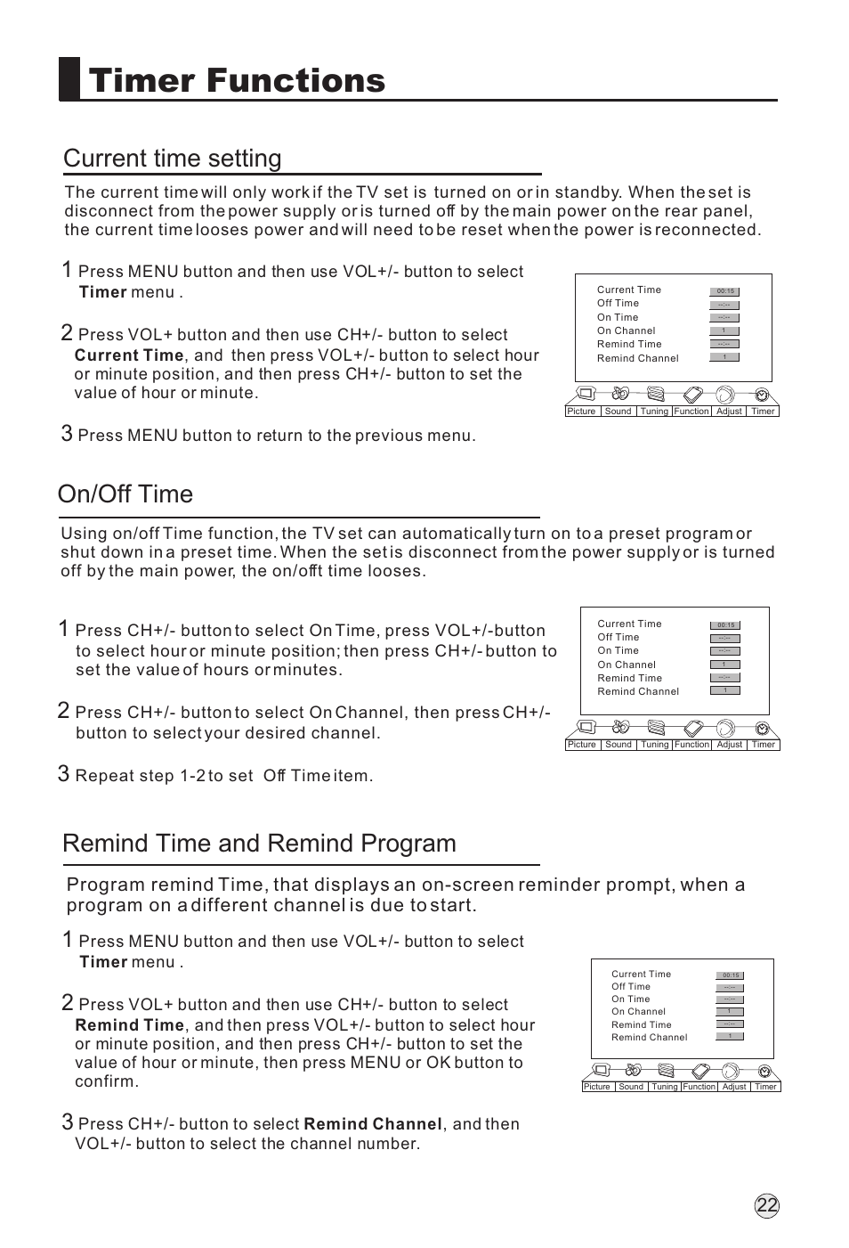 Timer functions, On/off time current time setting, Remind time and remind program | haier L32A18-AK User Manual | Page 25 / 50