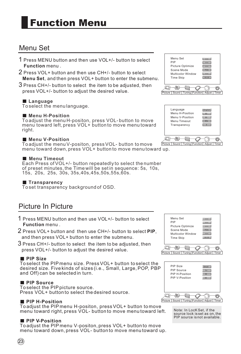 Function menu, Menu set, Picture in picture | haier L32A18-AK User Manual | Page 26 / 50