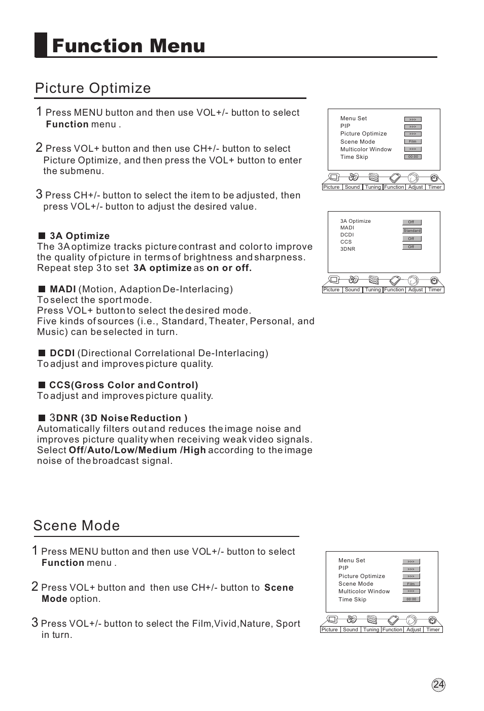 Function menu, Picture optimize, Scene mode | haier L32A18-AK User Manual | Page 27 / 50