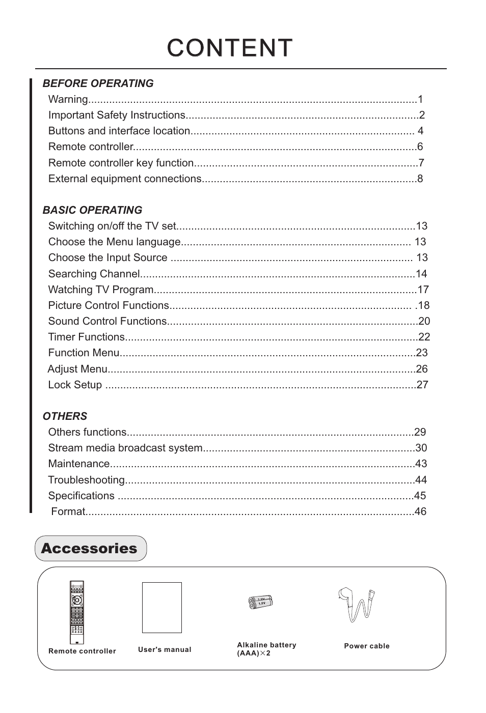 Content, Accessories | haier L32A18-AK User Manual | Page 3 / 50
