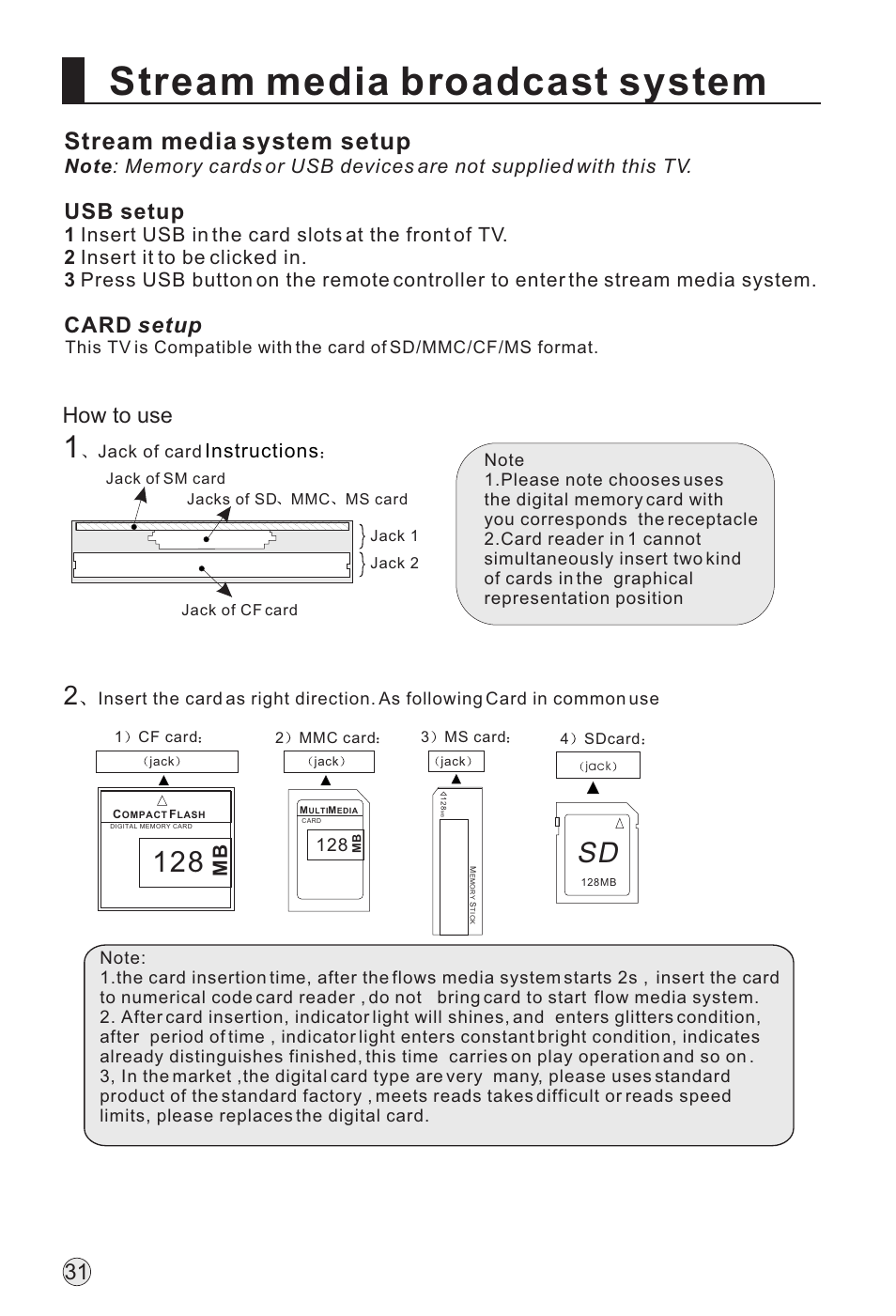 Stream media broadcast system, Stream media system setup, Usb setup | Card setup, How to use, Instructions | haier L32A18-AK User Manual | Page 34 / 50