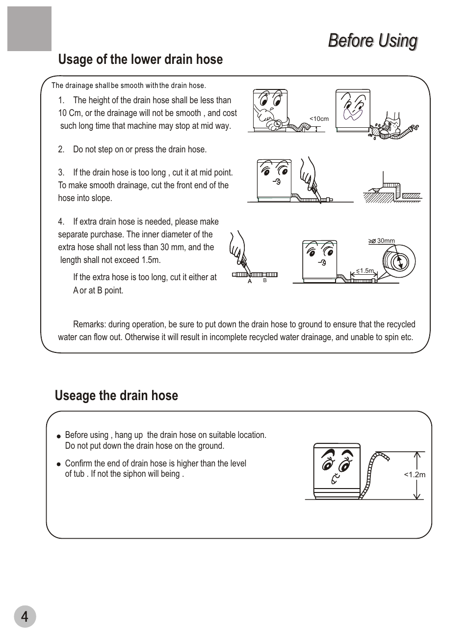 Before using, Usage of the lower drain hose, Useage the drain hose | haier XQB42-62 User Manual | Page 6 / 20
